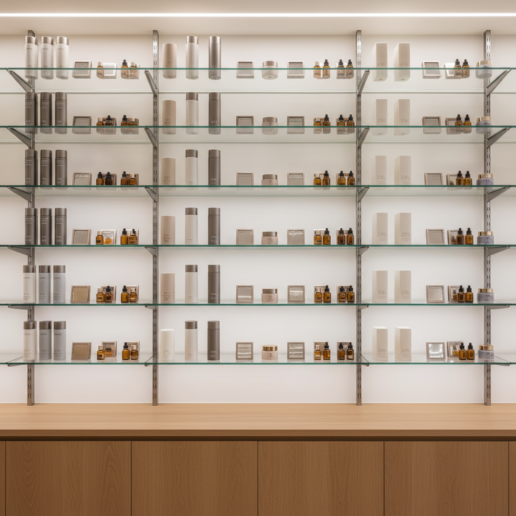 A polished back-of-house storage area for a beauty brand portfolio, with wall-mounted glass shelving displaying organized rows of different cosmetic formats: sleek pump bottles, dropper vials, airless jars, and slim compacts, all in sophisticated, unbranded designs with consistent neutral palettes. Below, closed cabinets hint at additional inventory. Soft, indirect ceiling lighting and a subtle accent light strip under each shelf create gentle reflections and a sense of depth. Photographic realism with an eye-level, straight-on composition, sharp focus across the entire shelving system. The atmosphere is curated, controlled, and archival, emphasizing brand stewardship and long-term product management rather than consumer-facing retail displays.