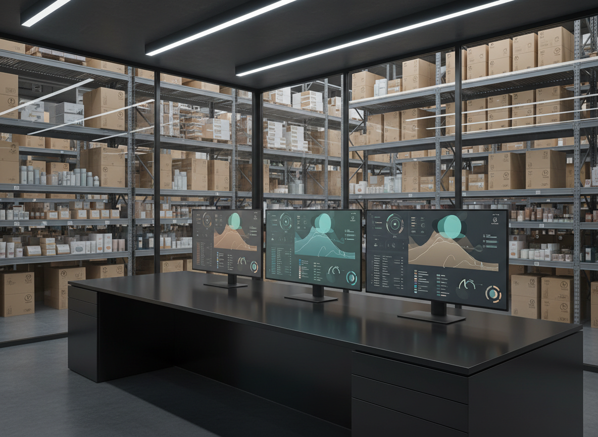 A high-end logistics control room dedicated to beauty brand operations, featuring a long, minimalist desk with multiple large, frameless monitors displaying abstract, non-readable dashboards and charts in elegant muted tones. Behind the glass wall, rows of warehouse shelving and neatly stacked cartons of beauty products are softly visible. Cool, balanced overhead lighting combines with a gentle glow from the screens, reflecting on the polished dark surface of the desk. Photographic realism at a slightly elevated, three-quarter angle, with sharp focus throughout to highlight both technology and physical inventory. The atmosphere is sophisticated and strategic, emphasizing data-driven distribution and fulfillment expertise with no people or text.