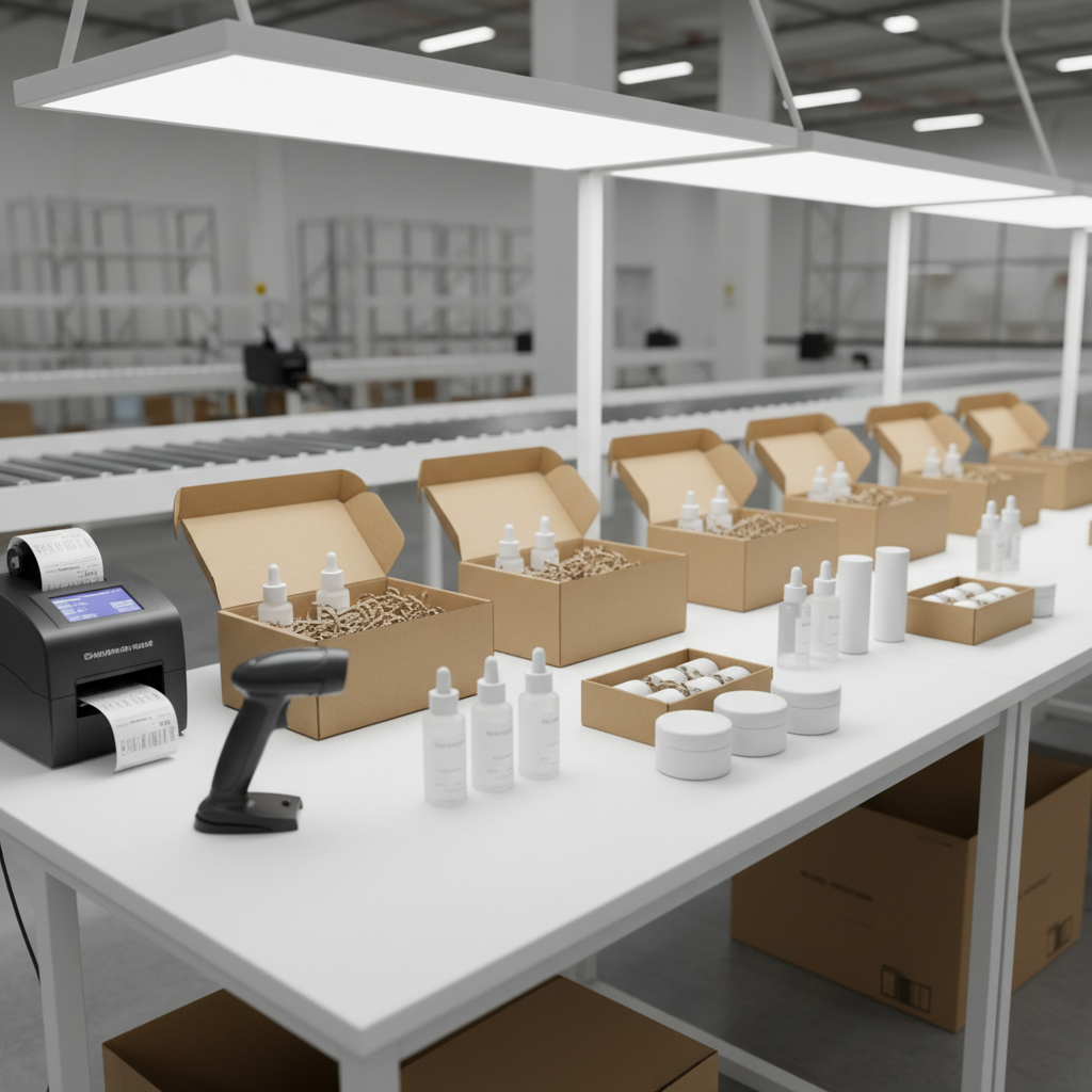 A precise packing and fulfillment station in a beauty logistics hub, featuring a spotless, matte-white worktable with open kraft boxes, custom-cut inserts, and neatly arranged rows of unbranded skincare bottles and jars ready for assembly. A label printer and barcode scanner sit to the side, their screens and labels deliberately unreadable. Overhead, diffused lighting panels create even illumination with minimal glare, highlighting textures from smooth glass to soft-touch caps and recycled cardboard. Captured in photographic realism from a slightly elevated, three-quarter angle, with moderate depth of field to keep the full workstation in clear view. The mood is meticulous, calm, and highly professional, spotlighting the care and precision behind B2B beauty fulfillment.