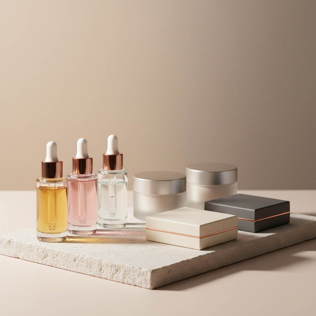 A close-up, photographic still life of premium beauty products arranged on a pale stone slab, featuring minimalist glass serum bottles, matte-finish compacts, and cylindrical jars with understated metallic accents, all without visible branding or text. The background fades into a soft gradient of warm beige and cool taupe, suggesting a refined corporate identity. Soft studio lighting from the left creates subtle reflections on the glass and metal, with delicate shadows shaping the composition. Shot from a slightly elevated angle with shallow depth of field, the focus is razor-sharp on front-facing products while the rear gradually blurs. The mood is elevated, luxurious, and professional, suitable for a beauty brand management company.