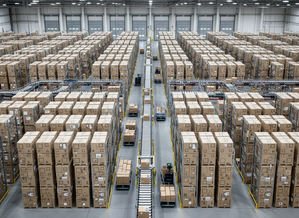 An expansive beauty distribution center shot from a high vantage point, showing parallel rows of pallet racks loaded with uniform, neutral-toned cartons labeled only with simple geometric markers instead of logos. In the midground, automated guided vehicles and conveyor lines create a sense of precise, mechanized movement without any visible operators. Bright, evenly distributed warehouse lighting casts clean, minimal shadows, enhancing the clarity of every structural detail. The photographic composition uses leading lines from the aisles to draw the eye toward a distant loading bay with open, empty dock doors. The mood is controlled, efficient, and corporate, focusing on professional-scale fulfillment rather than consumer retail.