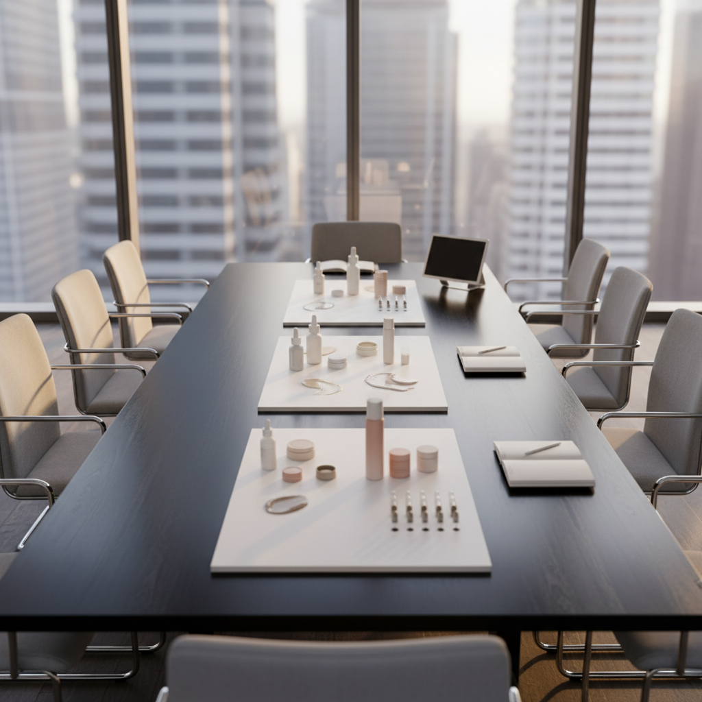A refined corporate meeting environment for a beauty holding group, represented without people by a long, sleek conference table of dark wood, surrounded by minimalist chairs, all set before a floor-to-ceiling window overlooking a blurred, modern cityscape. On the table, carefully arranged beauty product mockups, sample vials, and texture swatches sit on pristine white presentation boards, all unbranded and elegantly neutral. Soft afternoon daylight streams through the glass, creating gentle reflections on the tabletop and subtle glints on glass packaging. Photographic realism with a wide, eye-level composition, sharp focus at the center and a slight falloff toward the edges. The mood is sophisticated, strategic, and collaborative, evoking high-level brand management without showing any people.